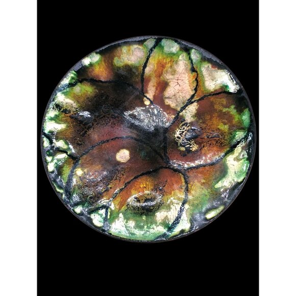 Handcrafted 5" Copper Enamel Dish Abstract Autumn Leaf Design Felted Bottom - Picture 2 of 6